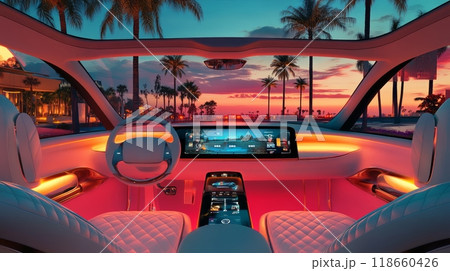 A luxurious futuristic driverless car interior in a serene evening settings 118660426