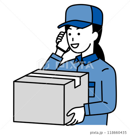 荷物を運びながら電話をする配達員の女性 荷物を運びながら電話をする配達員の女性 118660435