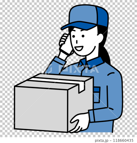 荷物を運びながら電話をする配達員の女性 荷物を運びながら電話をする配達員の女性 118660435