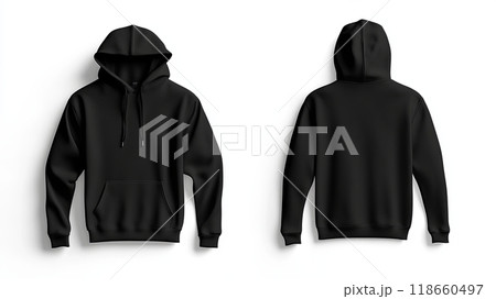 a plain black hoodie displayed from the front and back views against a white background 118660497