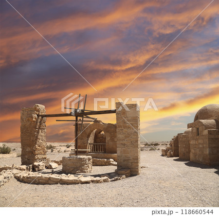 Quseir (Qasr) Amra desert castle (against the sky with clouds) near Amman, Jordan. World heritage with famous fresco's. Built in 8th century,  of early Islamic art and architecture 118660544