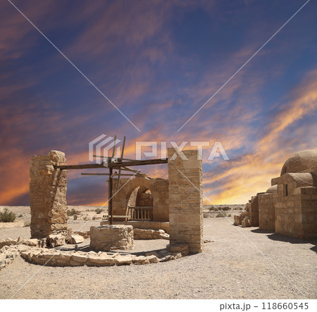Quseir (Qasr) Amra desert castle (against the sky with clouds) near Amman, Jordan. World heritage with famous fresco's. Built in 8th century,  of early Islamic art and architecture 118660545
