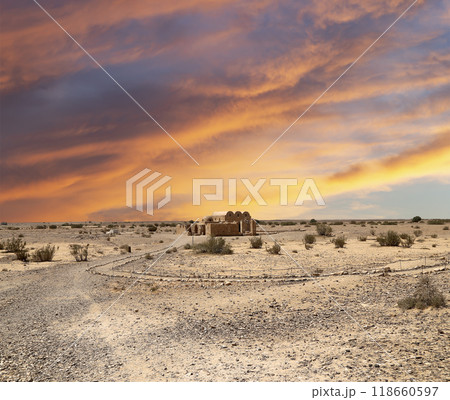 Quseir (Qasr) Amra desert castle (against the sky with clouds) near Amman, Jordan. World heritage with famous fresco's. Built in 8th century, of early Islamic art and architecture Quseir (Qasr) Amra desert castle (against the sky with clouds) near Amman, Jordan. World heritage with famous fresco's. Built in 8th century, of early Islamic art and architecture 118660597