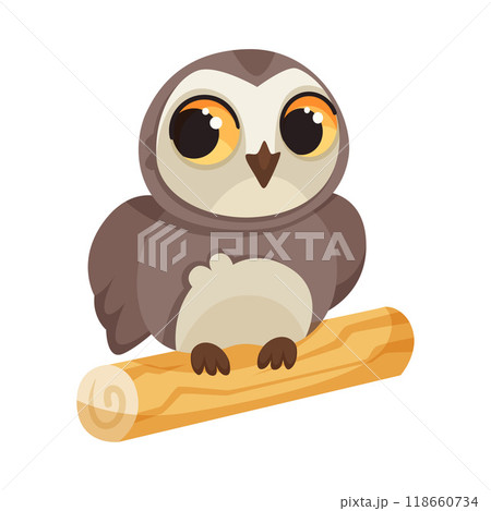 Funny Owl Flying Creature with Large Eyes and Wings Perching on Wooden Stick Vector Illustration 118660734