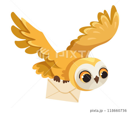 Funny Owl Flying Creature with Large Eyes and Wings Carry Letter Envelope Vector Illustration 118660736