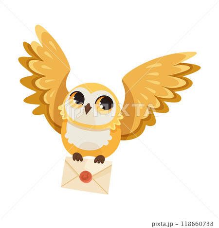 Funny Owl Flying Creature with Large Eyes and Wings Carry Letter Envelope Vector Illustration Funny Owl Flying Creature with Large Eyes and Wings Carry Letter Envelope Vector Illustration 118660738
