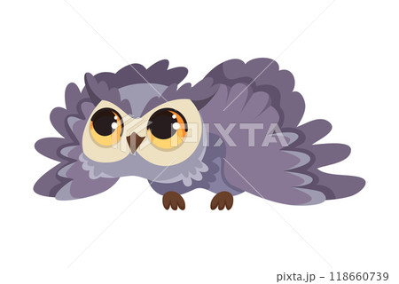Funny Owl Flying Creature with Large Eyes and Wings Vector Illustration 118660739