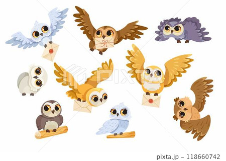 Funny Owl Flying Creature with Large Eyes and Wings Vector Set 118660742