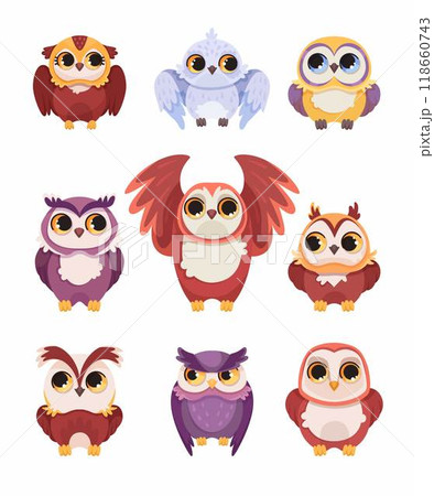 Funny Owl Flying Creature with Large Eyes and Wings Vector Set 118660743