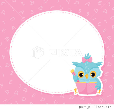 School Owl Character Round Banner for Note Vector Template 118660747