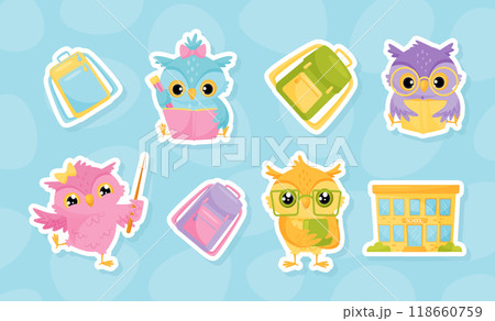 Owl Character and School Item and Supply Vector Set 118660759