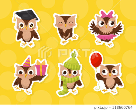 Funny Brown Owl Character with Feather Vector Sticker Set 118660764