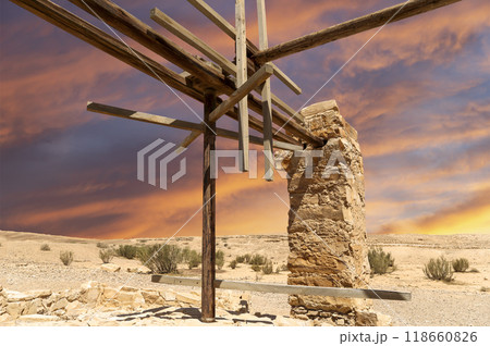 Quseir (Qasr) Amra desert castle (against the sky with clouds) near Amman, Jordan. World heritage with famous fresco's. Built in 8th century, of early Islamic art and architecture Quseir (Qasr) Amra desert castle (against the sky with clouds) near Amman, Jordan. World heritage with famous fresco's. Built in 8th century, of early Islamic art and architecture 118660826
