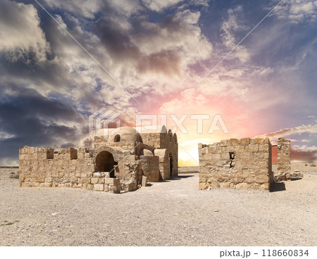 Quseir (Qasr) Amra desert castle (against the sky with clouds) near Amman, Jordan. World heritage with famous fresco's. Built in 8th century,  of early Islamic art and architecture 118660834