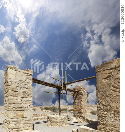 Quseir (Qasr) Amra desert castle (against the sky with clouds) near Amman, Jordan. World heritage with famous fresco's. Built in 8th century,  of early Islamic art and architecture 118660836