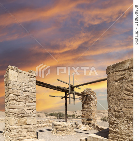 Quseir (Qasr) Amra desert castle (against the sky with clouds) near Amman, Jordan. World heritage with famous fresco's. Built in 8th century, of early Islamic art and architecture Quseir (Qasr) Amra desert castle (against the sky with clouds) near Amman, Jordan. World heritage with famous fresco's. Built in 8th century, of early Islamic art and architecture 118660839