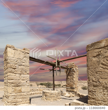 Quseir (Qasr) Amra desert castle (against the sky with clouds) near Amman, Jordan. World heritage with famous fresco's. Built in 8th century, of early Islamic art and architecture Quseir (Qasr) Amra desert castle (against the sky with clouds) near Amman, Jordan. World heritage with famous fresco's. Built in 8th century, of early Islamic art and architecture 118660840