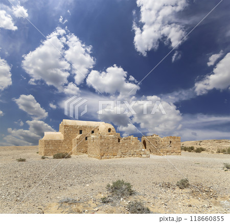 Quseir (Qasr) Amra desert castle (against the sky with clouds) near Amman, Jordan. World heritage with famous fresco's. Built in 8th century, of early Islamic art and architecture Quseir (Qasr) Amra desert castle (against the sky with clouds) near Amman, Jordan. World heritage with famous fresco's. Built in 8th century, of early Islamic art and architecture 118660855