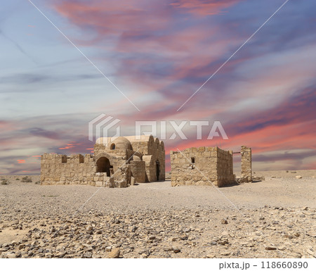 Quseir (Qasr) Amra desert castle (against the sky with clouds) near Amman, Jordan. World heritage with famous fresco's. Built in 8th century,  of early Islamic art and architecture 118660890