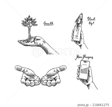 Open hand giving or receiving. Hologram of boosting arrows or graph chart. Vector clipart Open hand giving or receiving. Hologram of boosting arrows or graph chart. Vector clipart 118661275