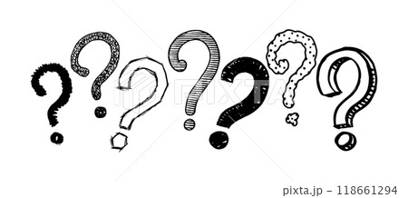 Hand drawn questions marks isolated on white background. Graphic inky punctuation icons. Vector Hand drawn questions marks isolated on white background. Graphic inky punctuation icons. Vector 118661294
