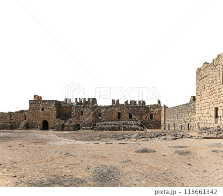 Ruins of Azraq Castle (Qasr al-Azraq) is a crusader castle (300AD), central-eastern Jordan, 100 km east of Amman, Jordan. On white background Ruins of Azraq Castle (Qasr al-Azraq) is a crusader castle (300AD), central-eastern Jordan, 100 km east of Amman, Jordan. On white background 118661342
