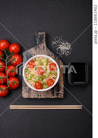 Rice noodles with mushrooms, vegetables, spices and herbs Rice noodles with mushrooms, vegetables, spices and herbs 118661402