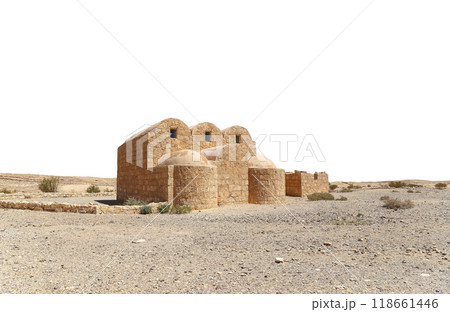 Quseir (Qasr) Amra desert castle (on white background) near Amman, Jordan. World heritage with famous fresco's. Built in 8th century, of early Islamic art and architecture Quseir (Qasr) Amra desert castle (on white background) near Amman, Jordan. World heritage with famous fresco's. Built in 8th century, of early Islamic art and architecture 118661446