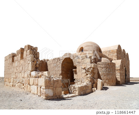 Quseir (Qasr) Amra desert castle (on white background) near Amman, Jordan. World heritage with famous fresco's. Built in 8th century, of early Islamic art and architecture Quseir (Qasr) Amra desert castle (on white background) near Amman, Jordan. World heritage with famous fresco's. Built in 8th century, of early Islamic art and architecture 118661447