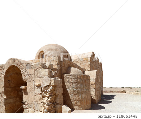 Quseir (Qasr) Amra desert castle (on white background) near Amman, Jordan. World heritage with famous fresco's. Built in 8th century, of early Islamic art and architecture Quseir (Qasr) Amra desert castle (on white background) near Amman, Jordan. World heritage with famous fresco's. Built in 8th century, of early Islamic art and architecture 118661448