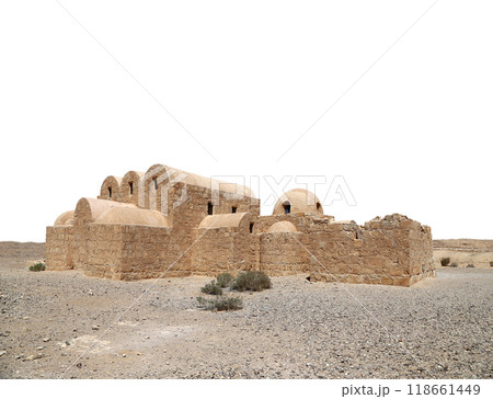 Quseir (Qasr) Amra desert castle (on white background) near Amman, Jordan. World heritage with famous fresco's. Built in 8th century, of early Islamic art and architecture 118661449
