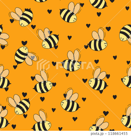 Seamless pattern with bees on color background. Small wasp. Vector illustration. Adorable cartoon character. Template design for invitation, cards, textile, fabric. Doodle style Seamless pattern with bees on color background. Small wasp. Vector illustration. Adorable cartoon character. Template design for invitation, cards, textile, fabric. Doodle style 118661455
