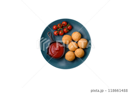 Fast food cheese balls breaded with salt and spices Fast food cheese balls breaded with salt and spices 118661488