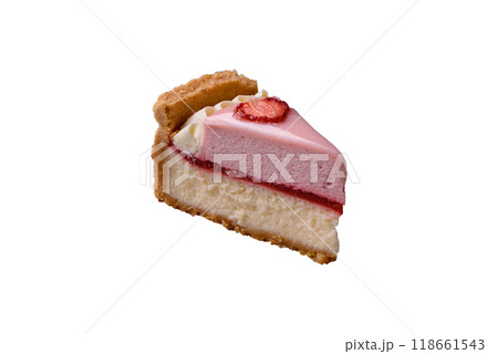 Sweet cheesecake with mascarpone or Philadelphia cheese, jelly and strawberries Sweet cheesecake with mascarpone or Philadelphia cheese, jelly and strawberries 118661543