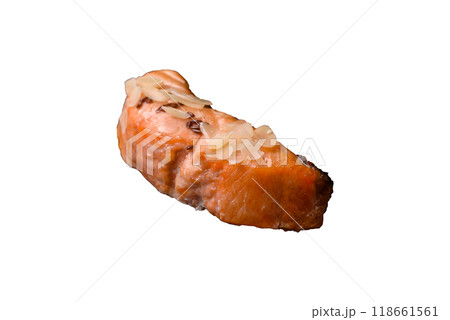 A piece of boiled salmon with rice, broccoli, salt and spices A piece of boiled salmon with rice, broccoli, salt and spices 118661561