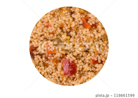 Delicious hot boiled wheat porridge couscous with vegetables 118661599