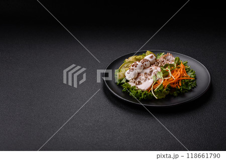 Delicious diet salad with turkey or chicken slices, lettuce, carrots, mozzarella 118661790