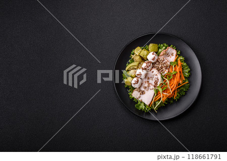 Delicious diet salad with turkey or chicken slices, lettuce, carrots, mozzarella 118661791