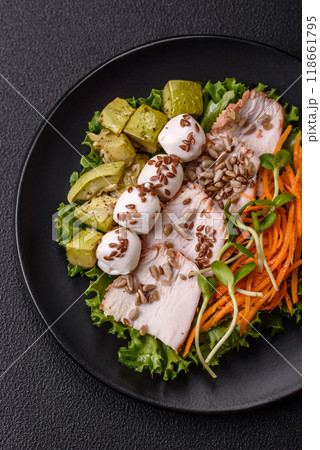 Delicious diet salad with turkey or chicken slices, lettuce, carrots, mozzarella Delicious diet salad with turkey or chicken slices, lettuce, carrots, mozzarella 118661795