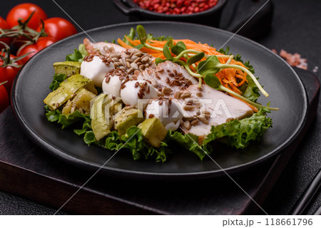 Delicious diet salad with turkey or chicken slices, lettuce, carrots, mozzarella Delicious diet salad with turkey or chicken slices, lettuce, carrots, mozzarella 118661796