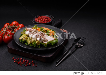 Delicious diet salad with turkey or chicken slices, lettuce, carrots, mozzarella 118661799