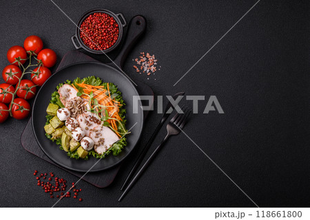 Delicious diet salad with turkey or chicken slices, lettuce, carrots, mozzarella Delicious diet salad with turkey or chicken slices, lettuce, carrots, mozzarella 118661800