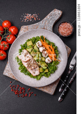 Delicious diet salad with turkey or chicken slices, lettuce, carrots, mozzarella Delicious diet salad with turkey or chicken slices, lettuce, carrots, mozzarella 118661804
