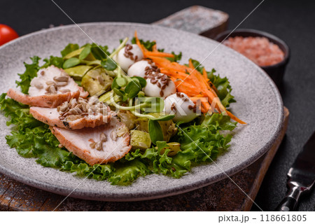 Delicious diet salad with turkey or chicken slices, lettuce, carrots, mozzarella Delicious diet salad with turkey or chicken slices, lettuce, carrots, mozzarella 118661805