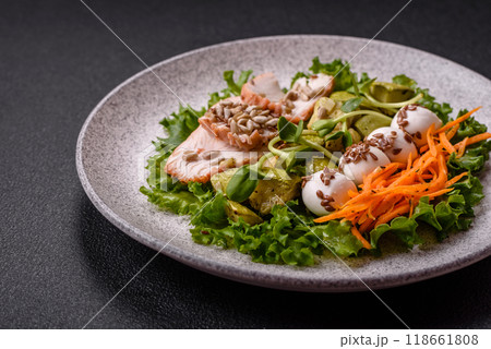 Delicious diet salad with turkey or chicken slices, lettuce, carrots, mozzarella Delicious diet salad with turkey or chicken slices, lettuce, carrots, mozzarella 118661808