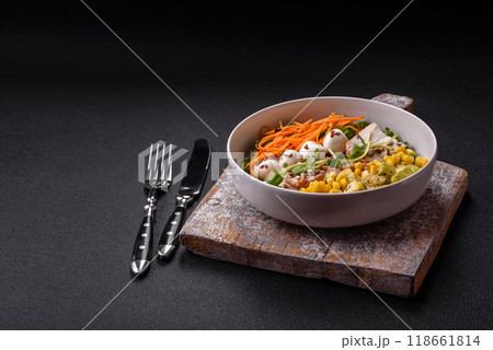 Delicious diet salad with turkey or chicken slices, lettuce, carrots, mozzarella Delicious diet salad with turkey or chicken slices, lettuce, carrots, mozzarella 118661814