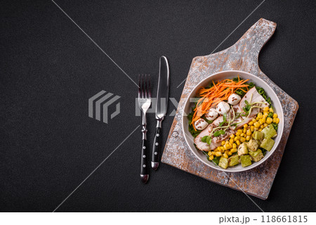 Delicious diet salad with turkey or chicken slices, lettuce, carrots, mozzarella Delicious diet salad with turkey or chicken slices, lettuce, carrots, mozzarella 118661815