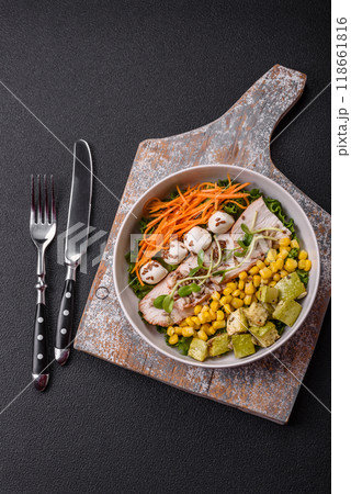 Delicious diet salad with turkey or chicken slices, lettuce, carrots, mozzarella Delicious diet salad with turkey or chicken slices, lettuce, carrots, mozzarella 118661816
