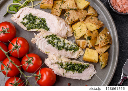 Chicken roulade with spinach, cheese, spices, salt and herbs Chicken roulade with spinach, cheese, spices, salt and herbs 118661866