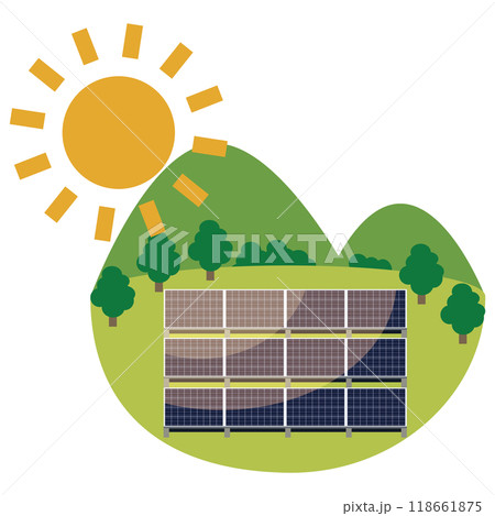 ソーラーパネルを使った太陽光発電システムのイラスト ソーラーパネルを使った太陽光発電システムのイラスト 118661875
